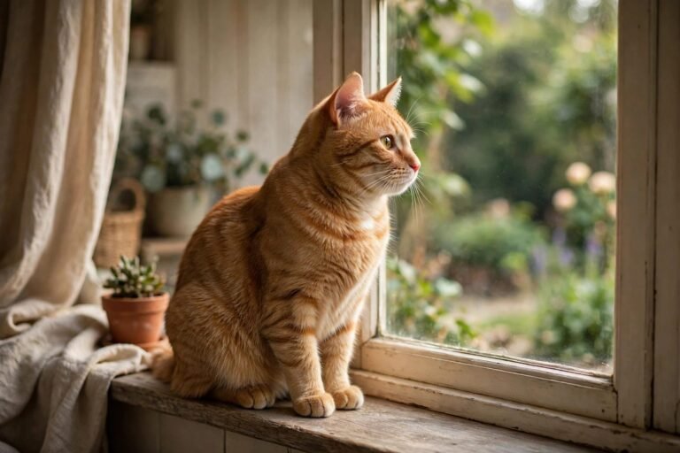 Cat sitting on a windowsill gazing out at a garden through glass