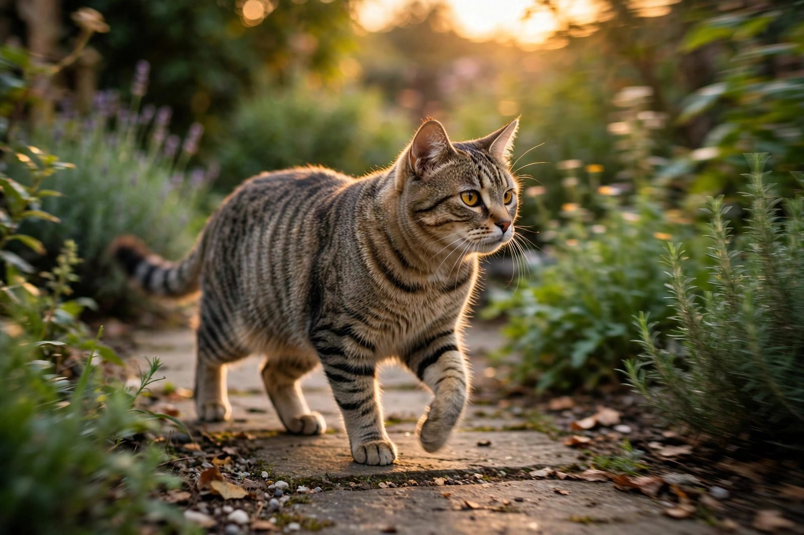 Tabby cat walking along a garden path outdoors at golden hour