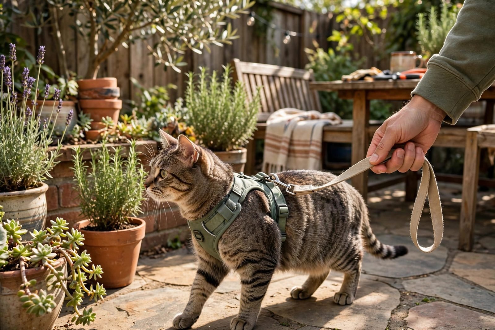 Cat in a harness on a leash exploring a sunny backyard patio