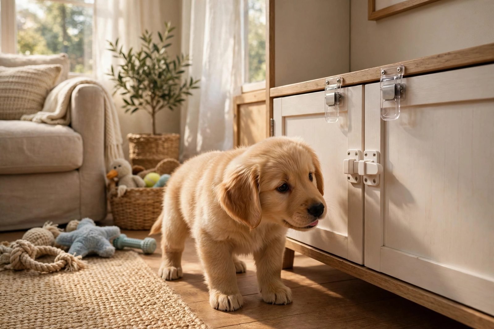 Curious golden retriever puppy exploring a cozy living room with childproof cabinet latches