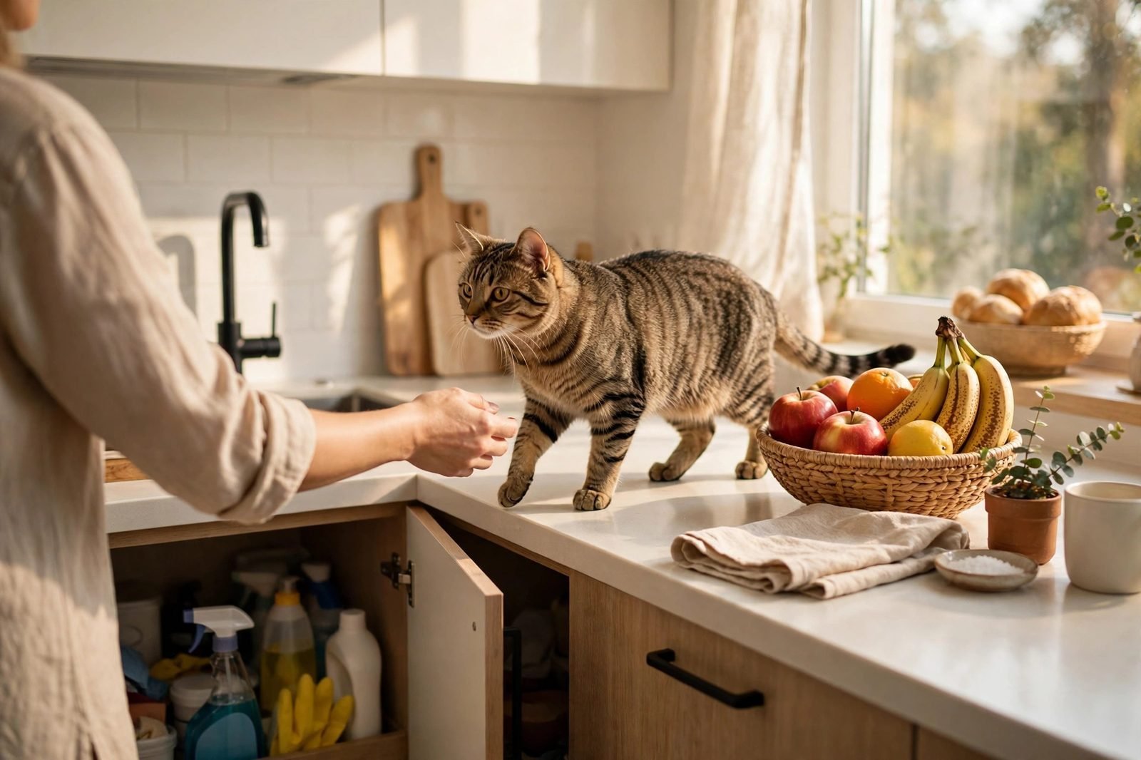 Tabby cat on a kitchen counter near a fruit bowl being gently redirected by its owner