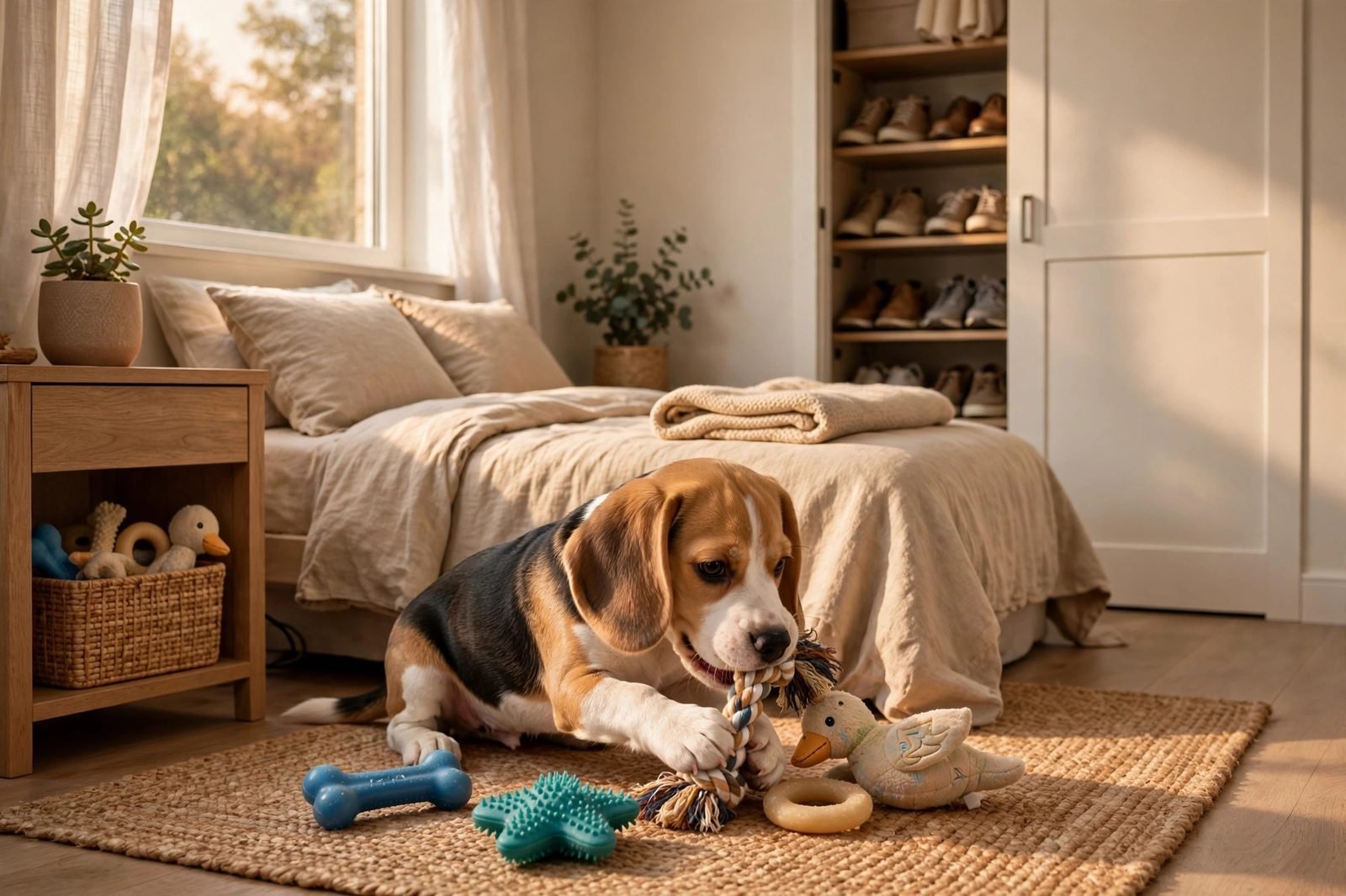 Beagle puppy playing with safe chew toys in a tidy pet-proofed bedroom
