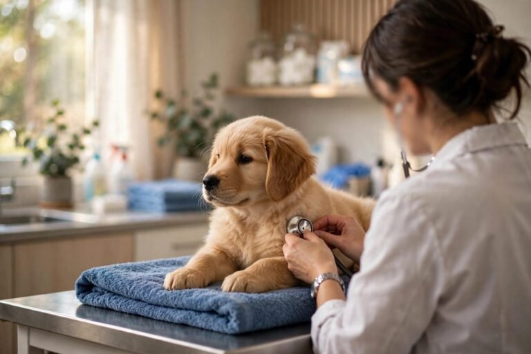 Golden retriever puppy being gently examined by a vet on a clinic exam table