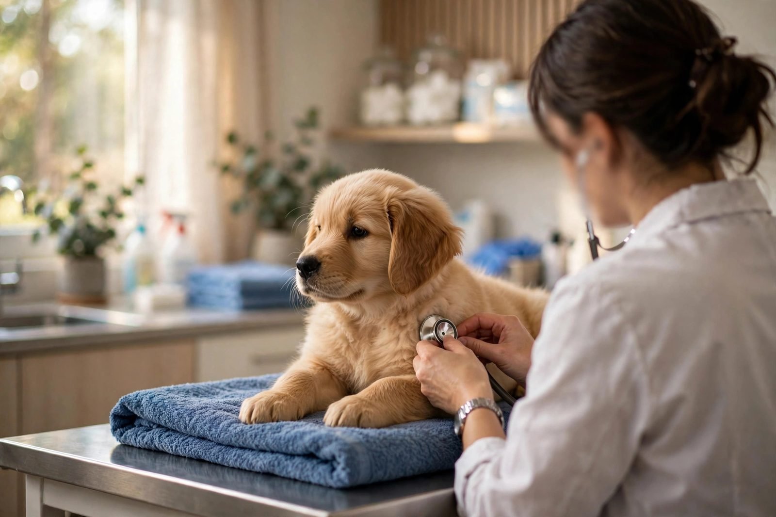 Golden retriever puppy being gently examined by a vet on a clinic exam table