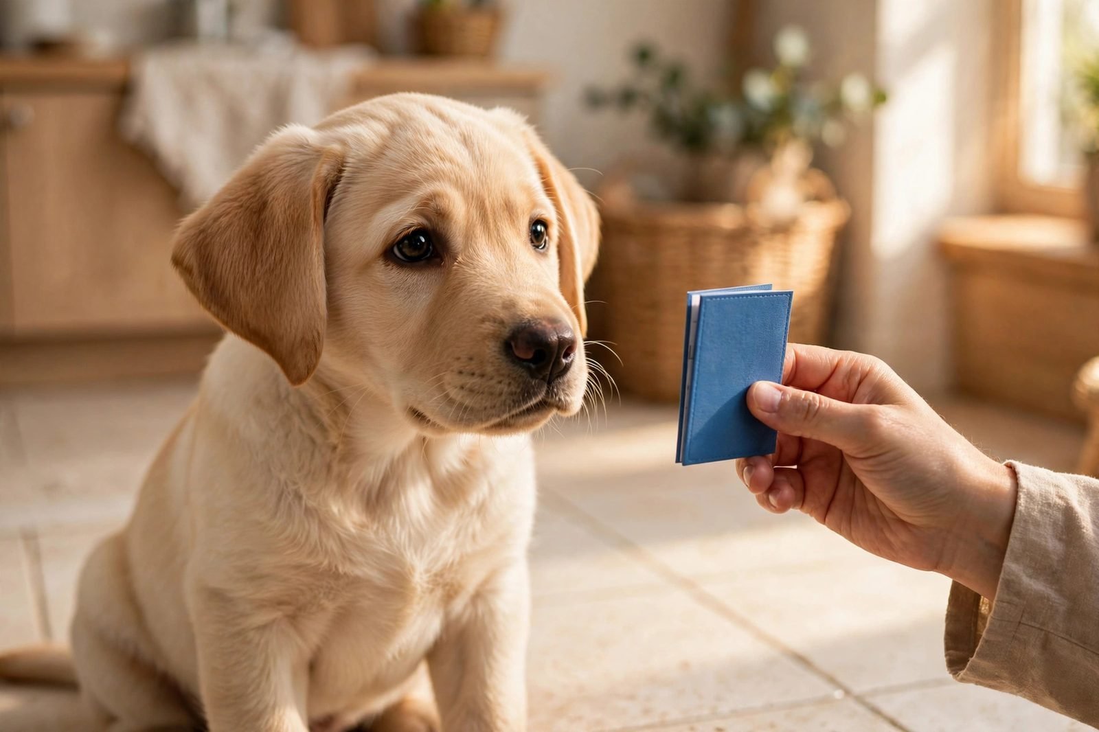 Young Labrador puppy sitting on a kitchen floor beside a blue vaccination booklet