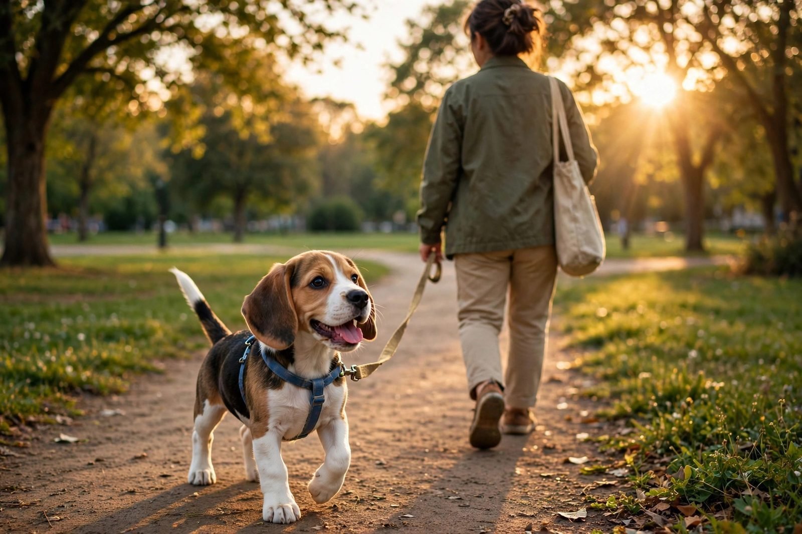 Happy beagle puppy on a leash exploring a sunny park path at golden hour