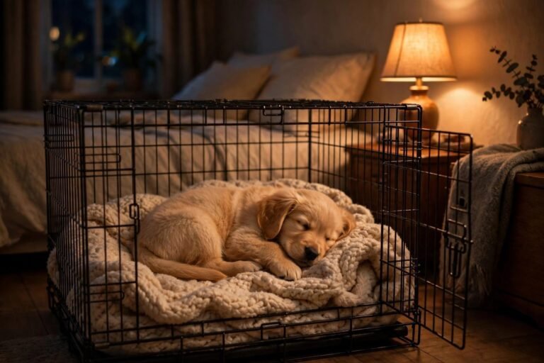 Tiny golden retriever puppy sleeping curled up on a blanket inside a crate at night