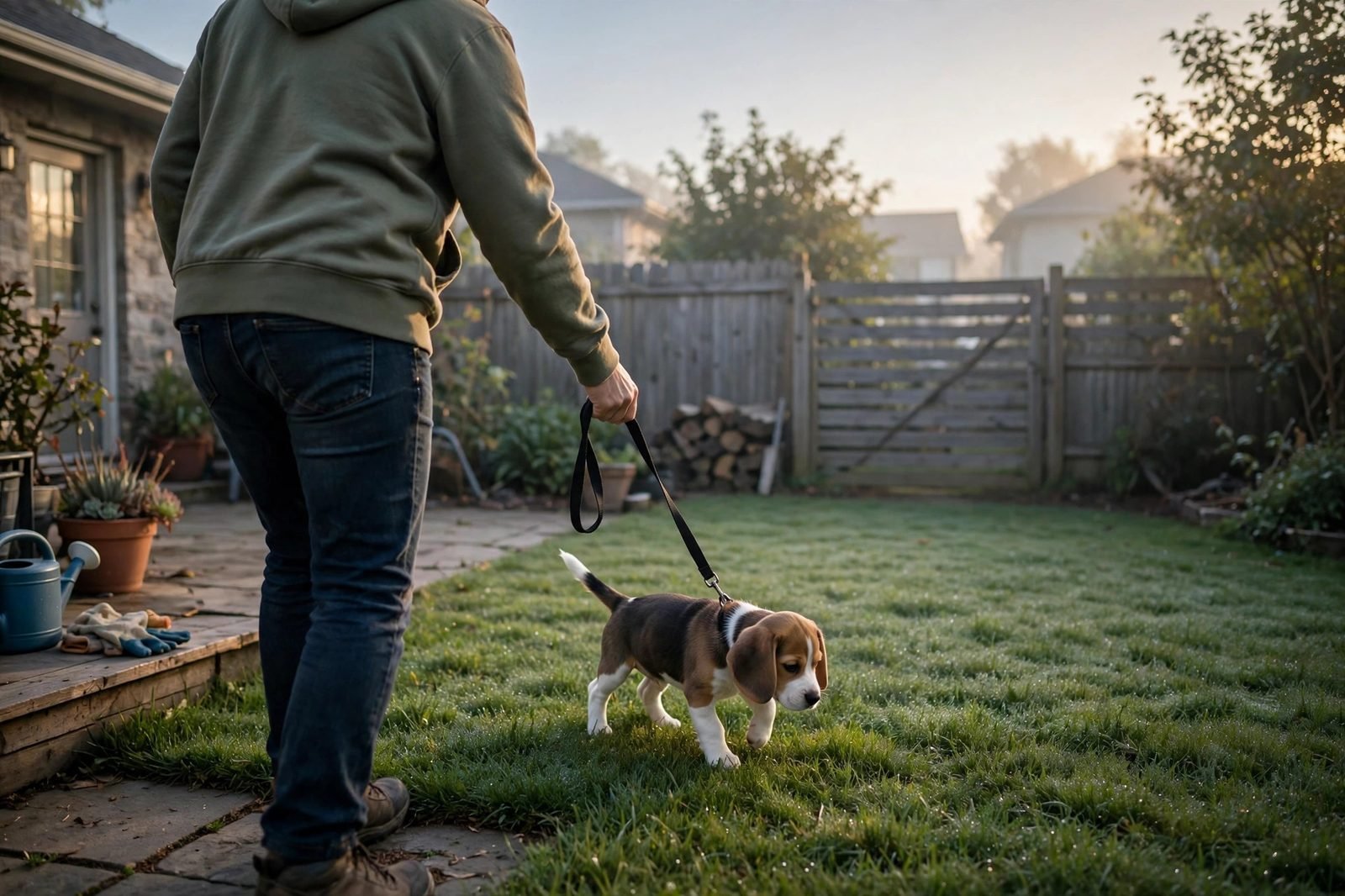 Person guiding a small beagle puppy onto grass for a potty break at dawn
