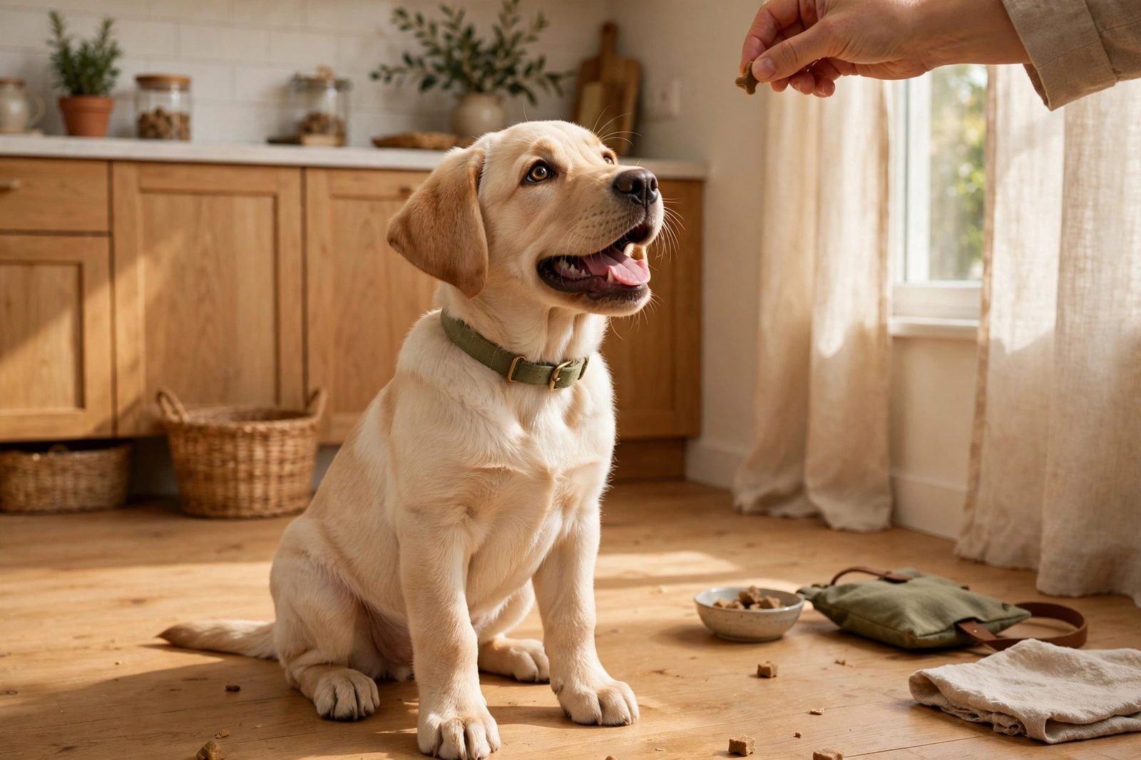 Labrador puppy sitting for a treat during a short training session in a bright kitchen