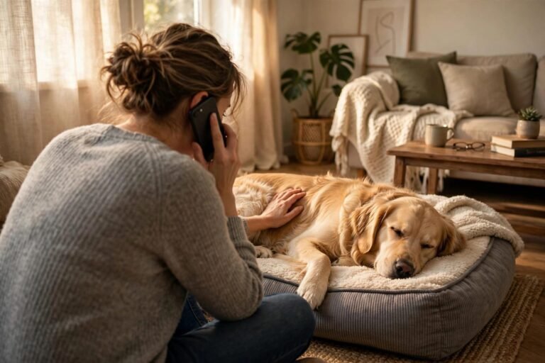 Concerned dog owner on the phone checking on a golden retriever resting on a dog bed