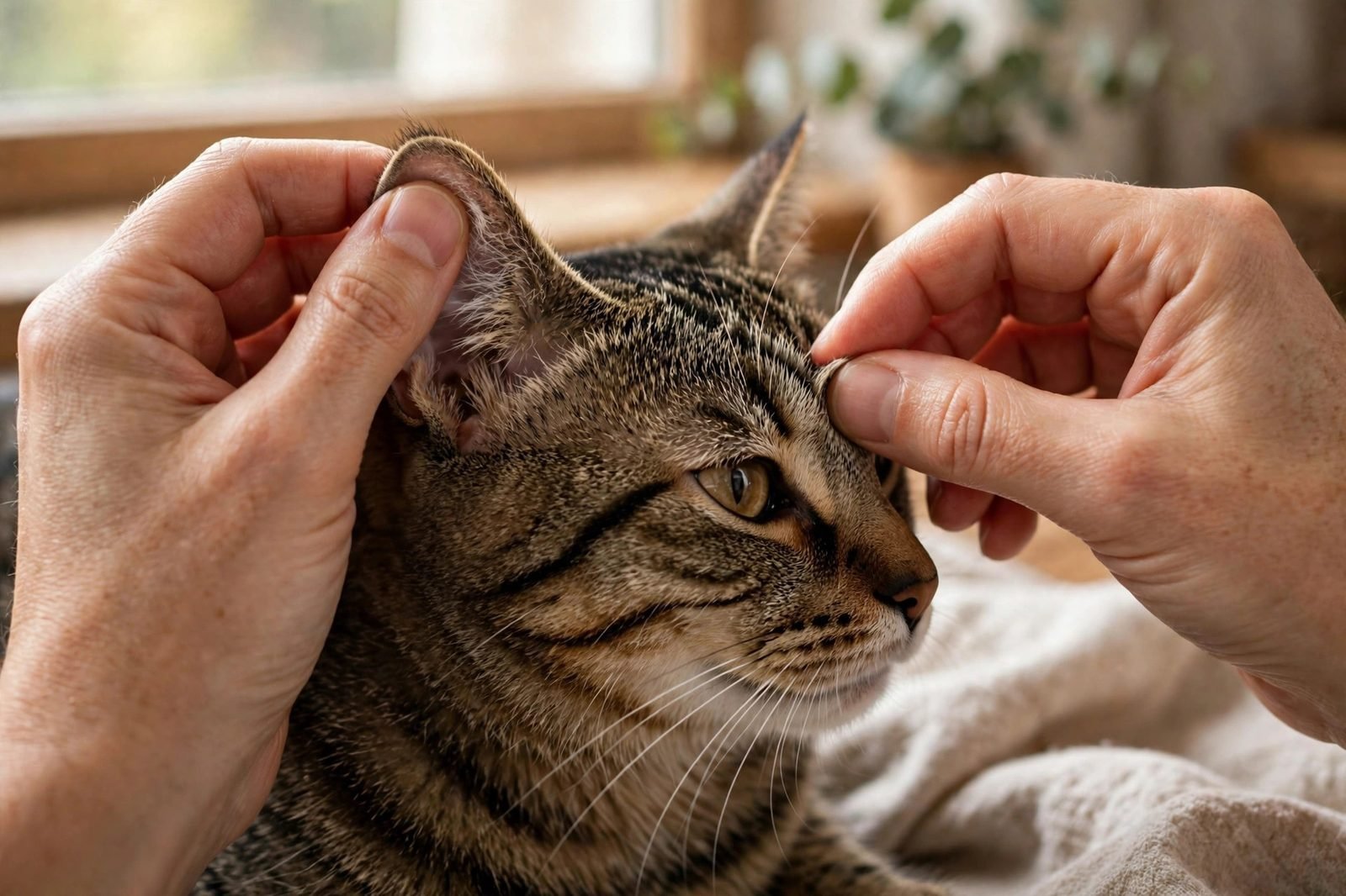 Cat owner gently examining a tabby cat's eyes and ears at home in soft window light