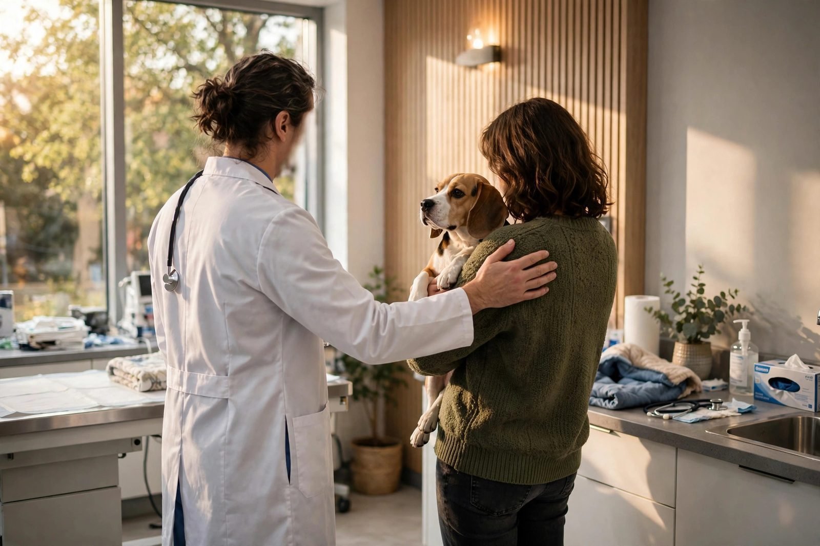 Veterinarian reassuring a worried owner holding a small beagle in a clinic exam room