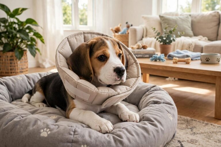 A young beagle wearing a soft recovery cone resting calmly on a dog bed in a bright living room