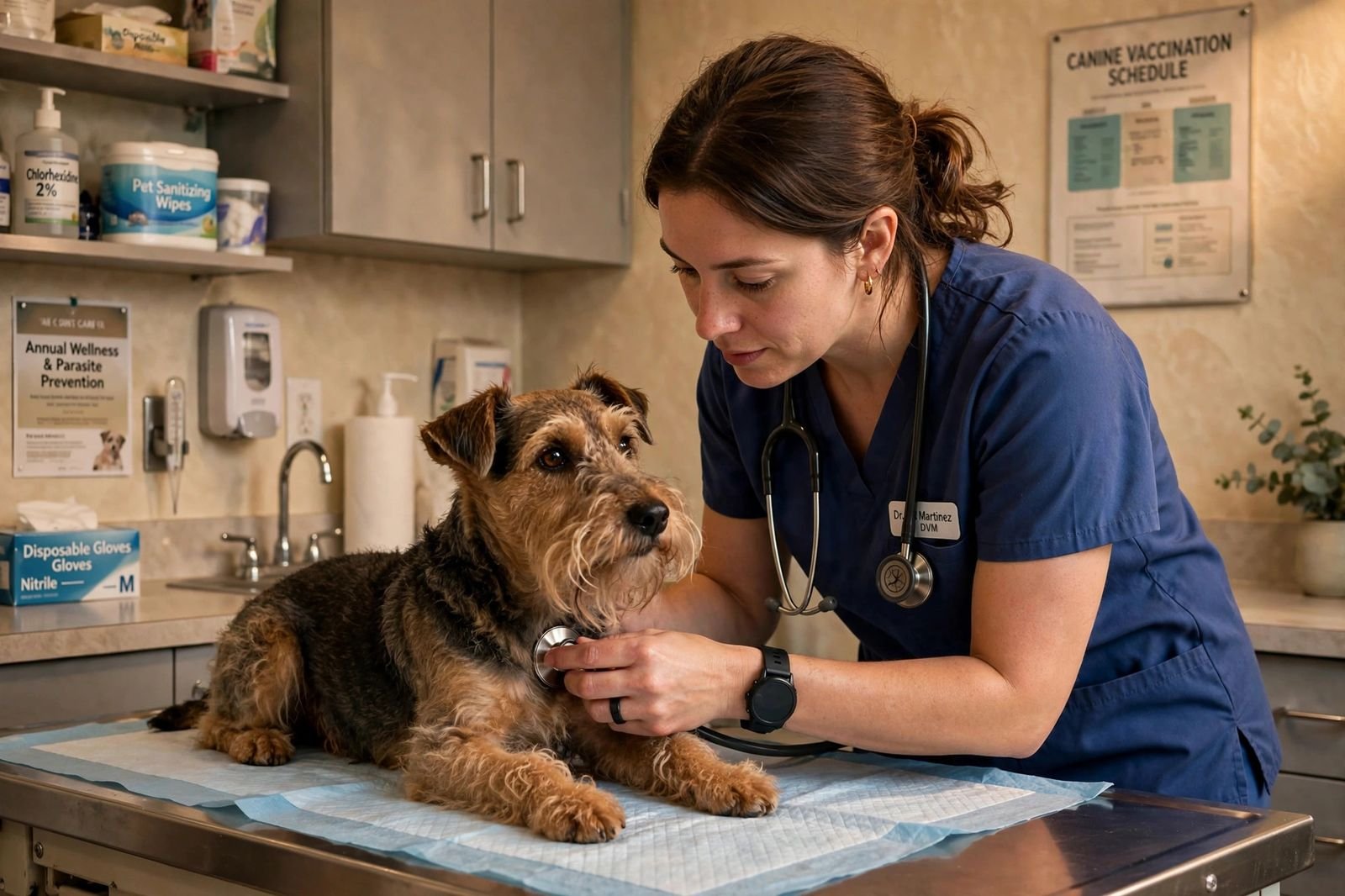 A veterinarian in scrubs gently examining a small terrier on an exam table in a warmly lit clinic