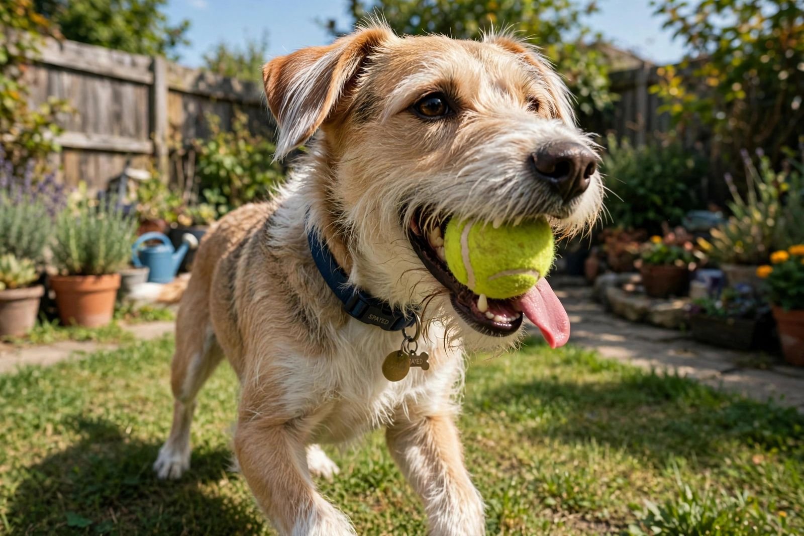 A happy mixed-breed dog with its tongue out playing with a ball in a sunny backyard