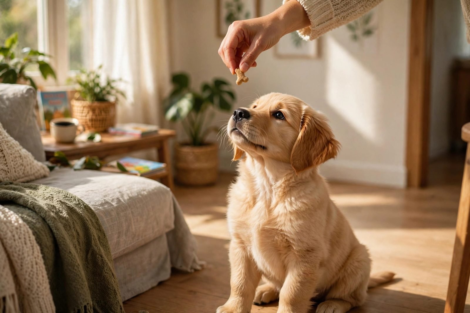 Person holding a treat above a golden retriever puppy sitting attentively in a living room