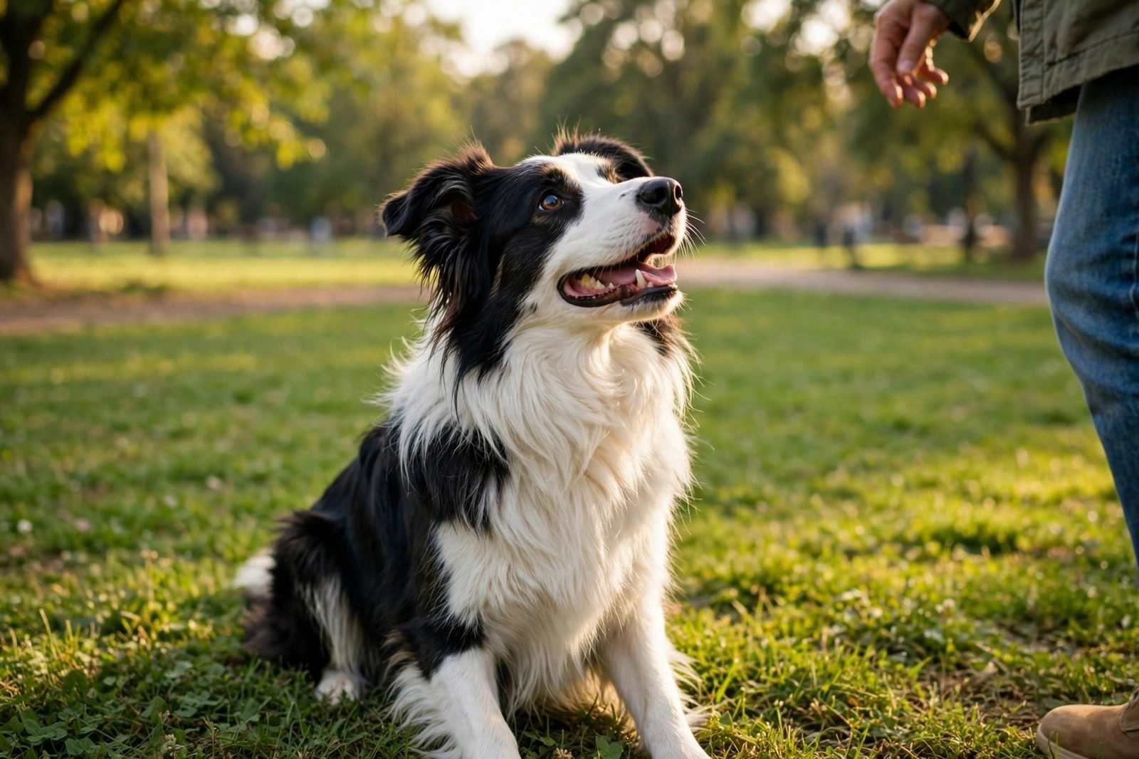 Happy border collie sitting on park grass looking up expectantly at its owner