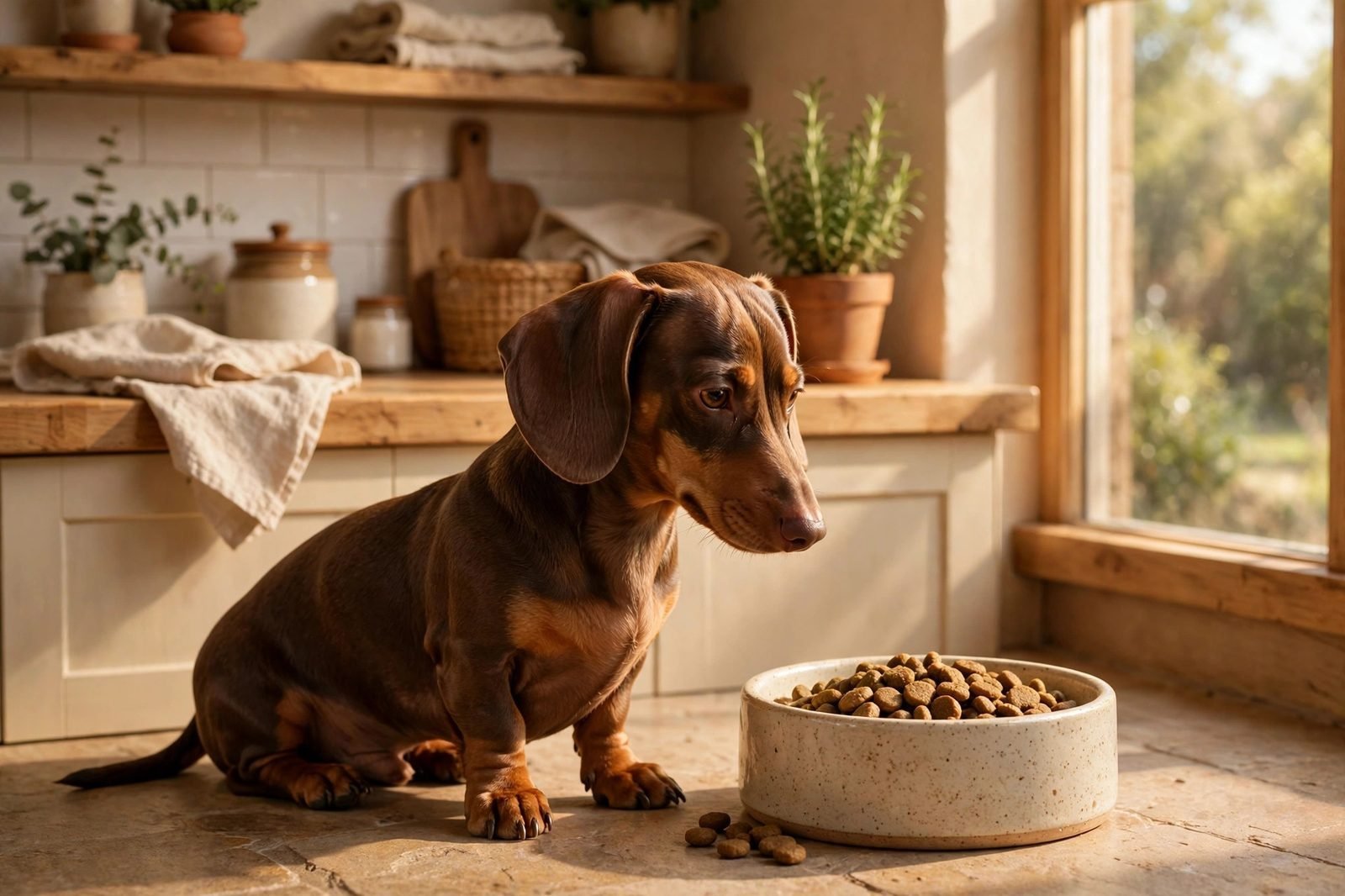 Small dachshund sitting politely next to its food bowl in a cozy kitchen