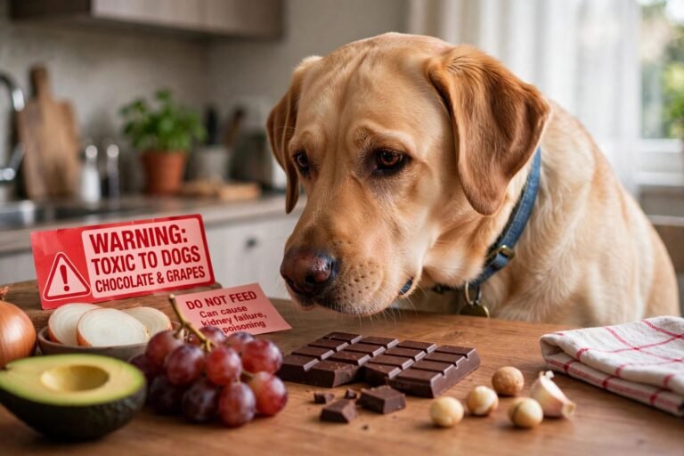 Curious labrador sniffing human foods including chocolate and grapes laid out on a kitchen table, warning-red tone