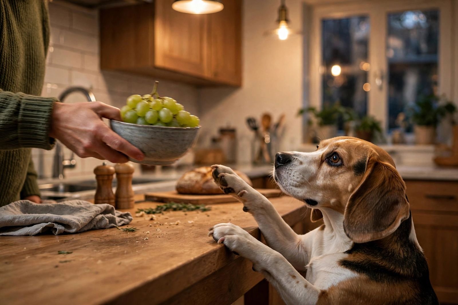 Dog owner pulling a bowl of grapes away from a beagle reaching for the table edge in a kitchen