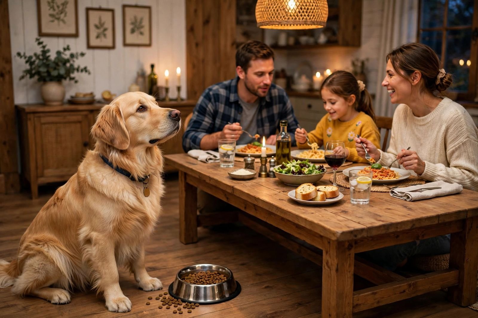 Golden retriever sitting patiently by its own food bowl while the family eats dinner at the table