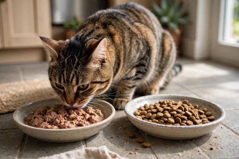 Tabby cat eating wet food from a bowl beside a bowl of dry kibble on a kitchen floor in natural daylight