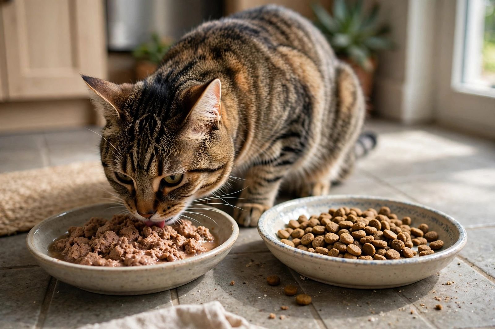 Tabby cat eating wet food from a bowl beside a bowl of dry kibble on a kitchen floor in natural daylight