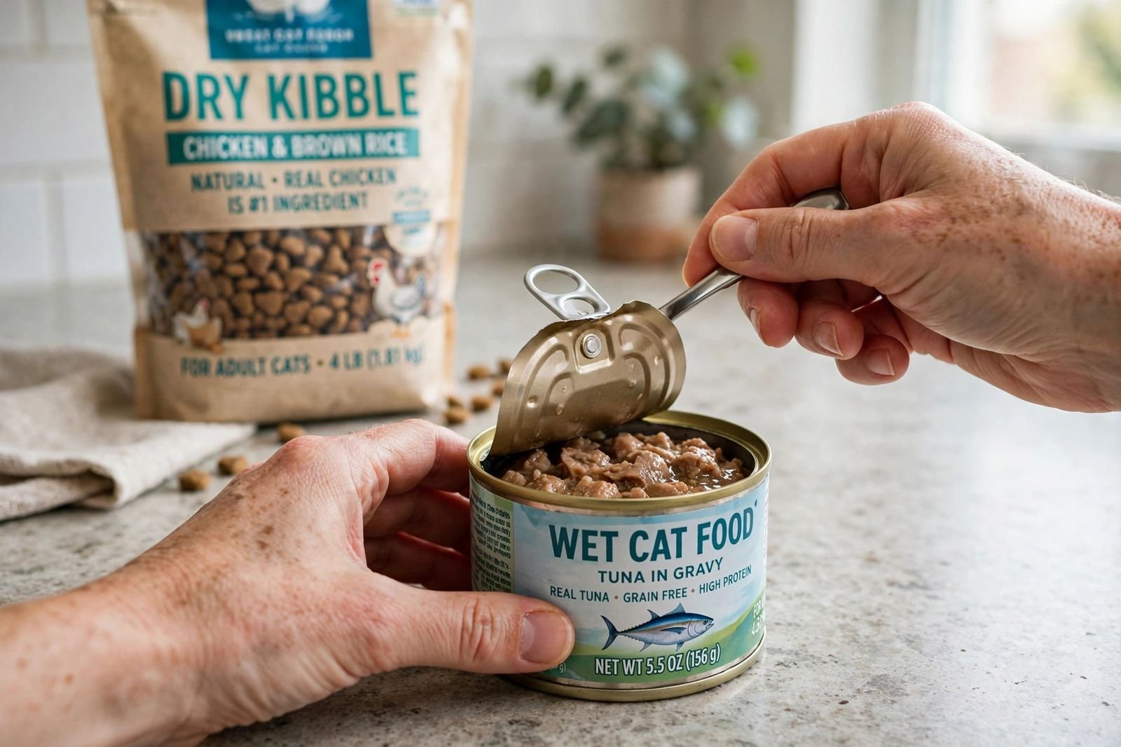 Hands opening a can of wet cat food with a spoon, a bag of dry kibble on the kitchen counter behind