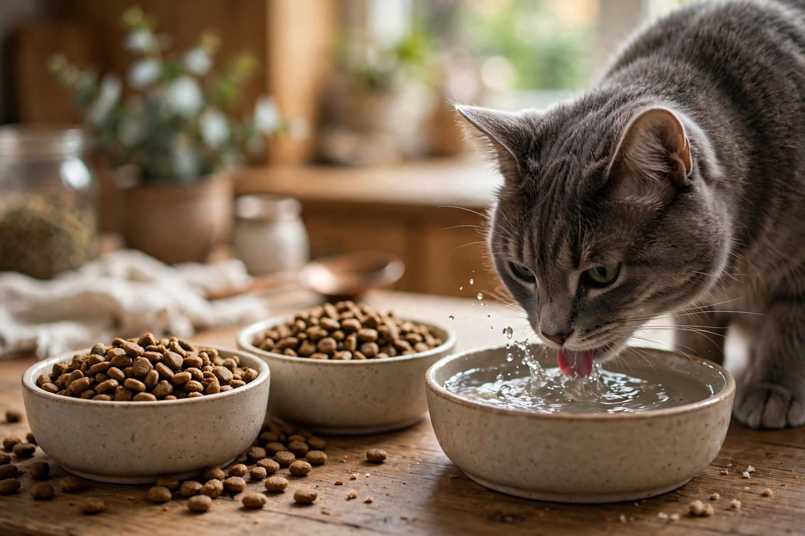 Gray cat drinking water from a bowl next to its food bowls in a cozy kitchen, shallow depth of field