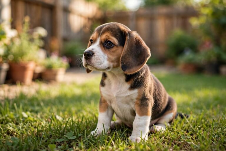Small beagle puppy sitting on green grass in a sunny backyard, curious expression