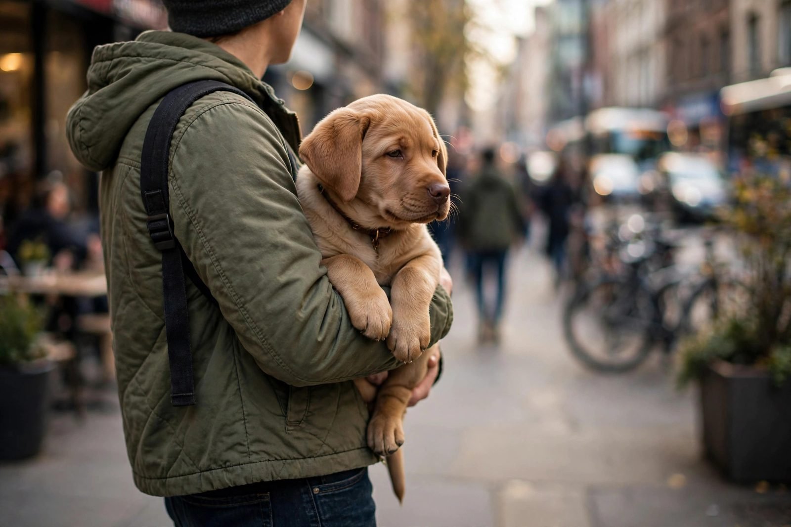 Person carrying a young labrador puppy along a busy city sidewalk