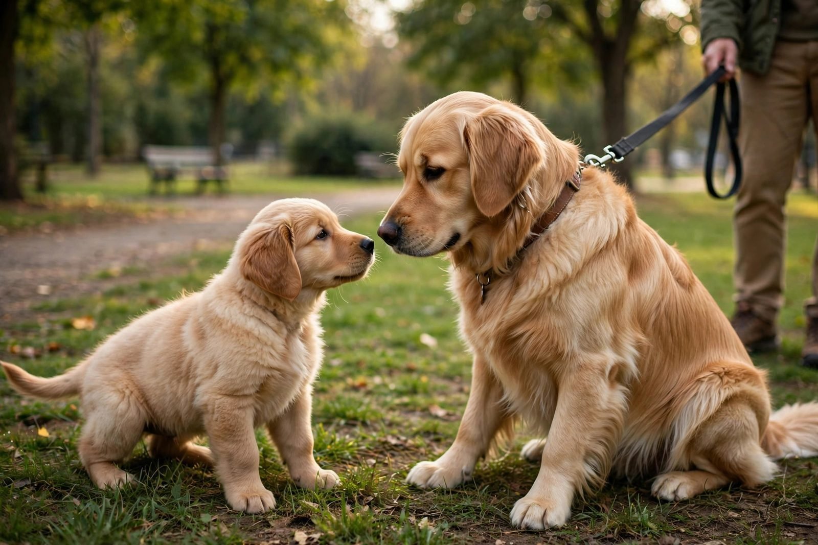 Puppy meeting a calm adult golden retriever on a leash in a park