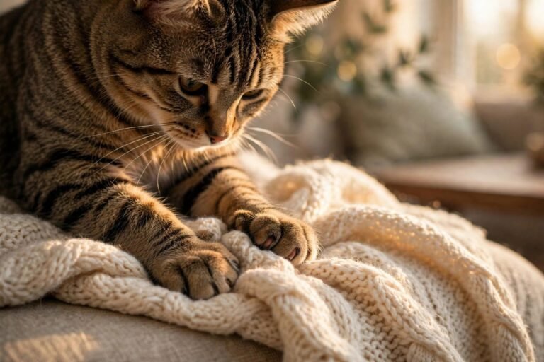 Tabby cat kneading its front paws into a cream knitted blanket on a couch