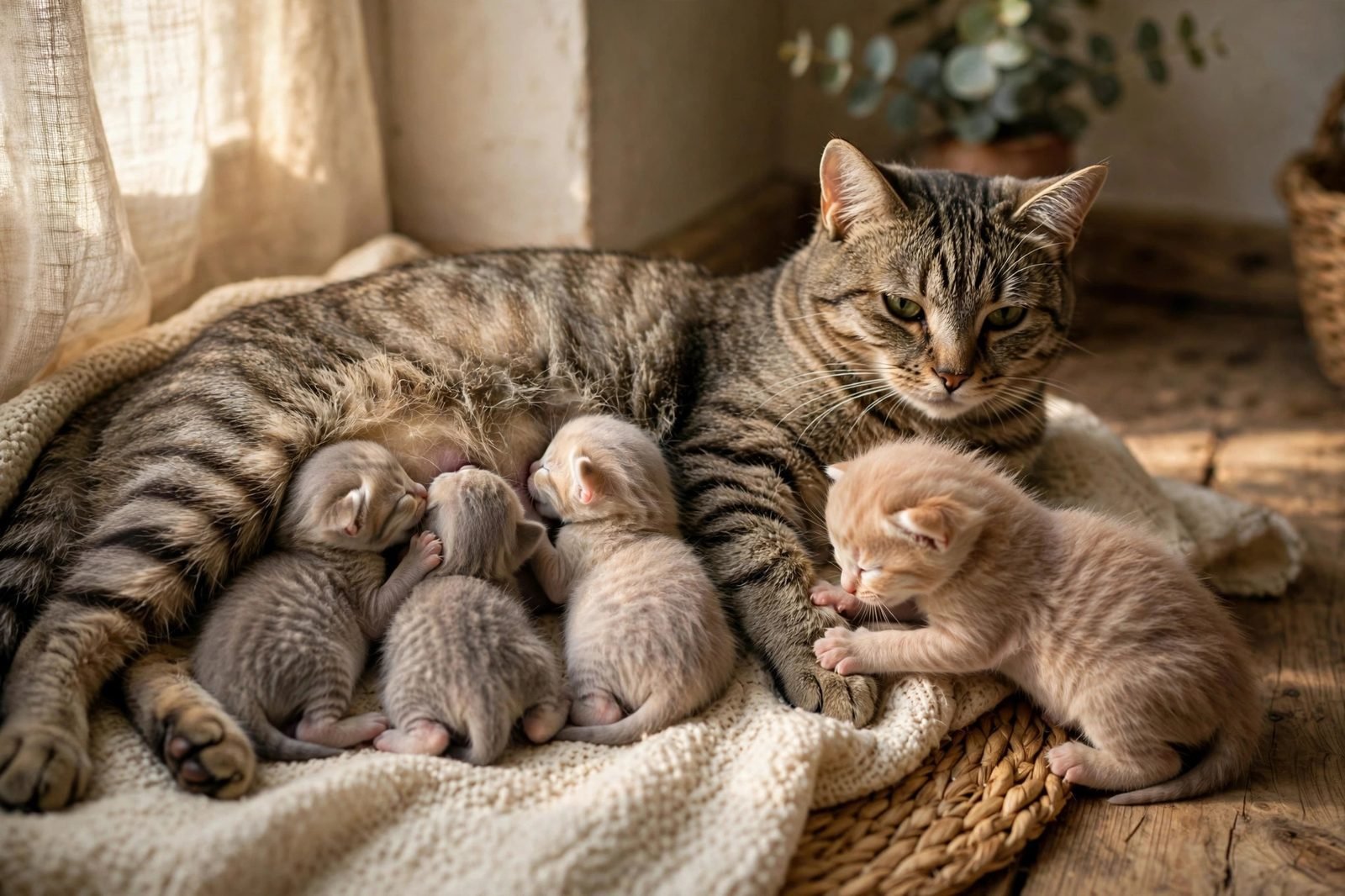 Mother cat nursing newborn kittens while a kitten kneads her belly