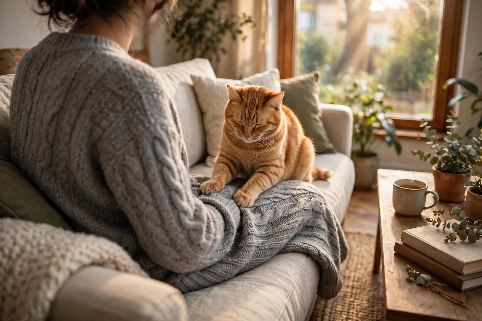 Orange cat kneading contentedly on a person's lap on a sofa