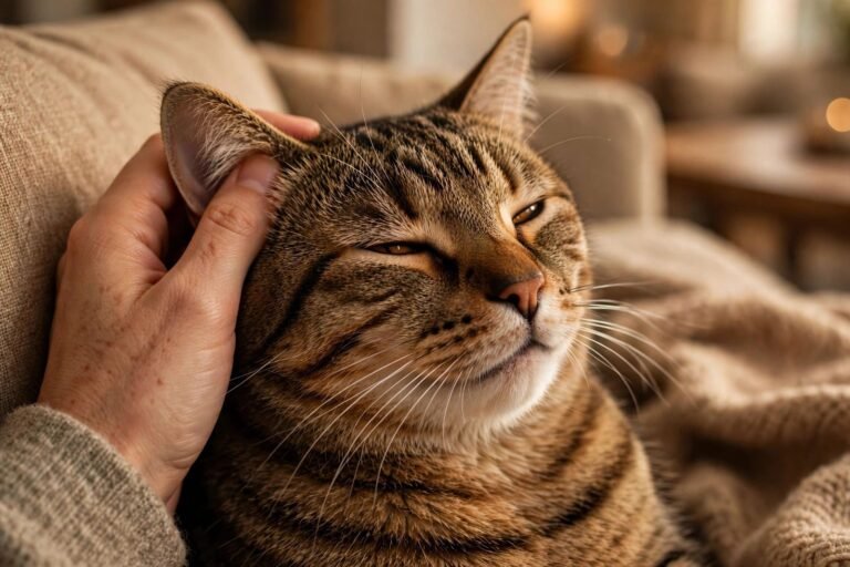 Close-up of a tabby cat purring contentedly with half-closed eyes while being petted on a sofa in warm indoor light