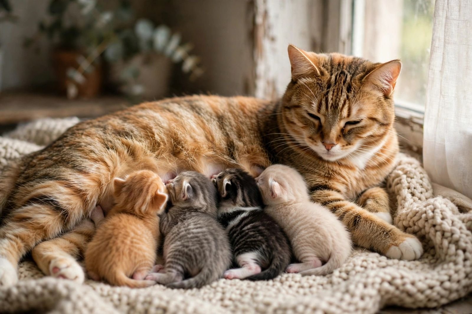 A mother cat nursing tiny kittens on a cozy blanket in soft natural window light