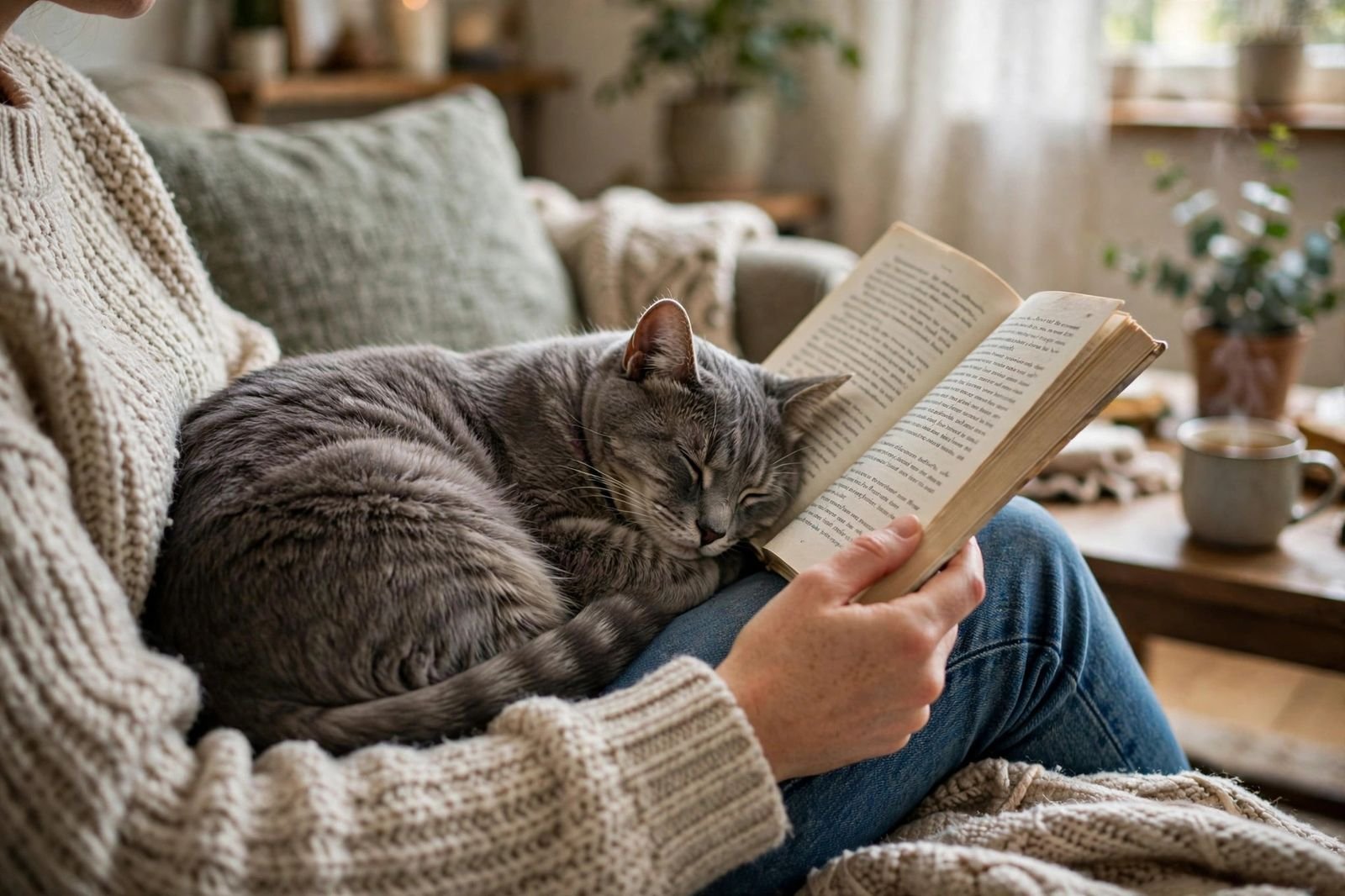 A grey cat curled up purring on a person's lap while the person reads a book in a peaceful living room
