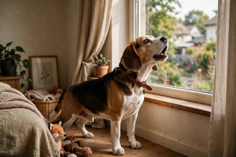 Beagle standing at a living room window barking at something outside