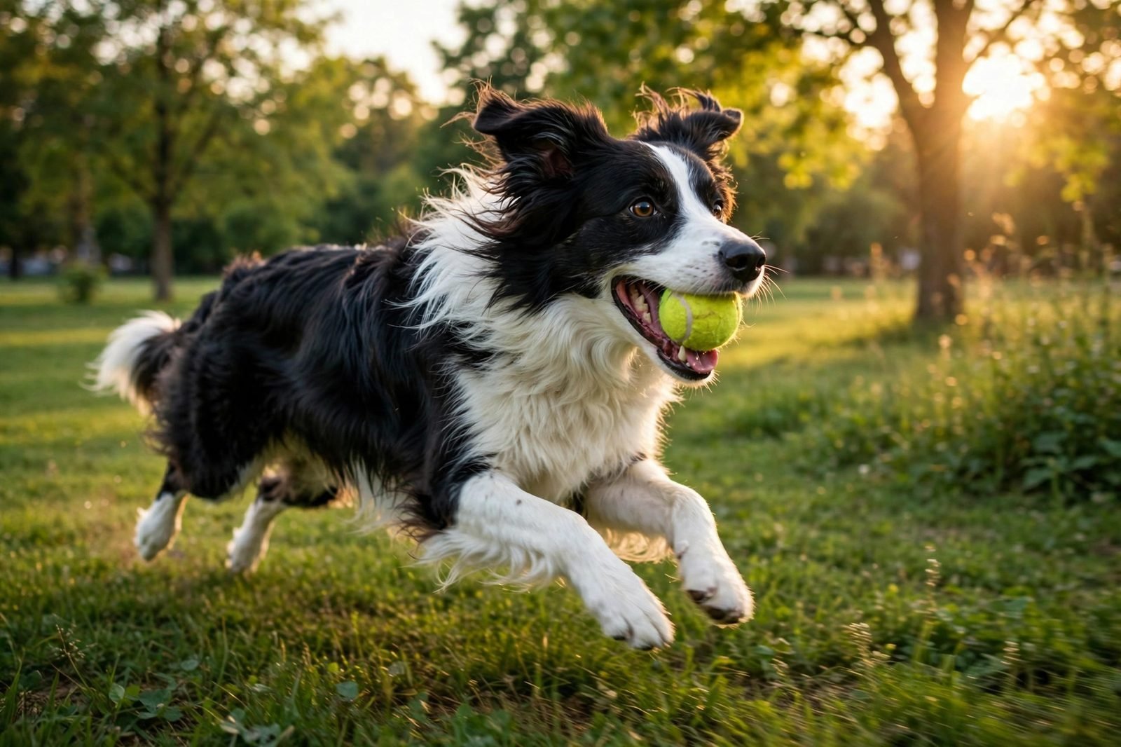 Border collie running joyfully with a ball in a green park