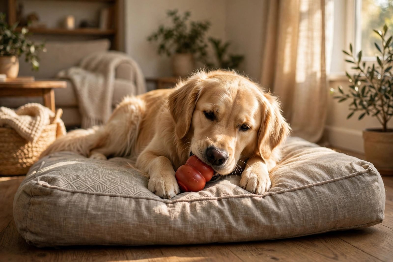 Calm golden retriever lying on a dog bed chewing a stuffed kong toy