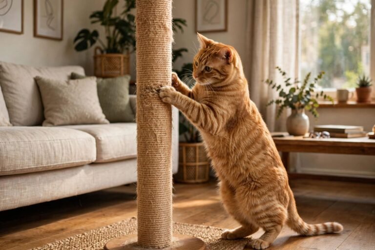 Orange tabby cat scratching a tall sisal scratching post in a living room with a sofa nearby.
