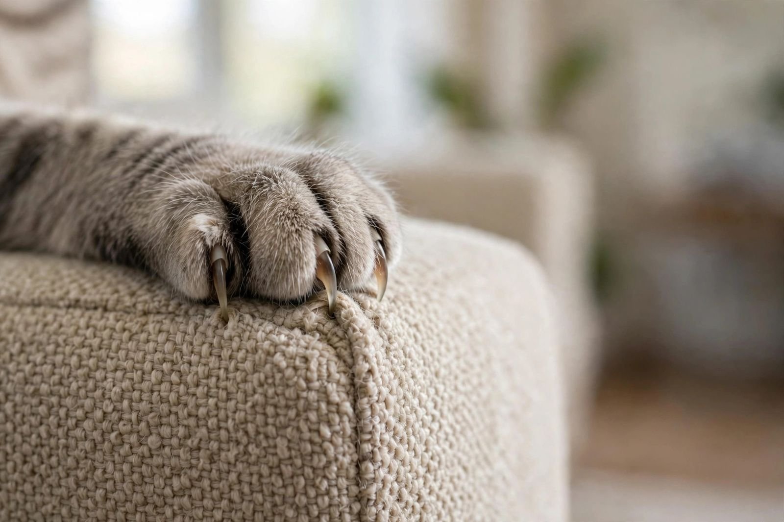 Close-up of a cat's claws gripping the corner of a fabric sofa arm.