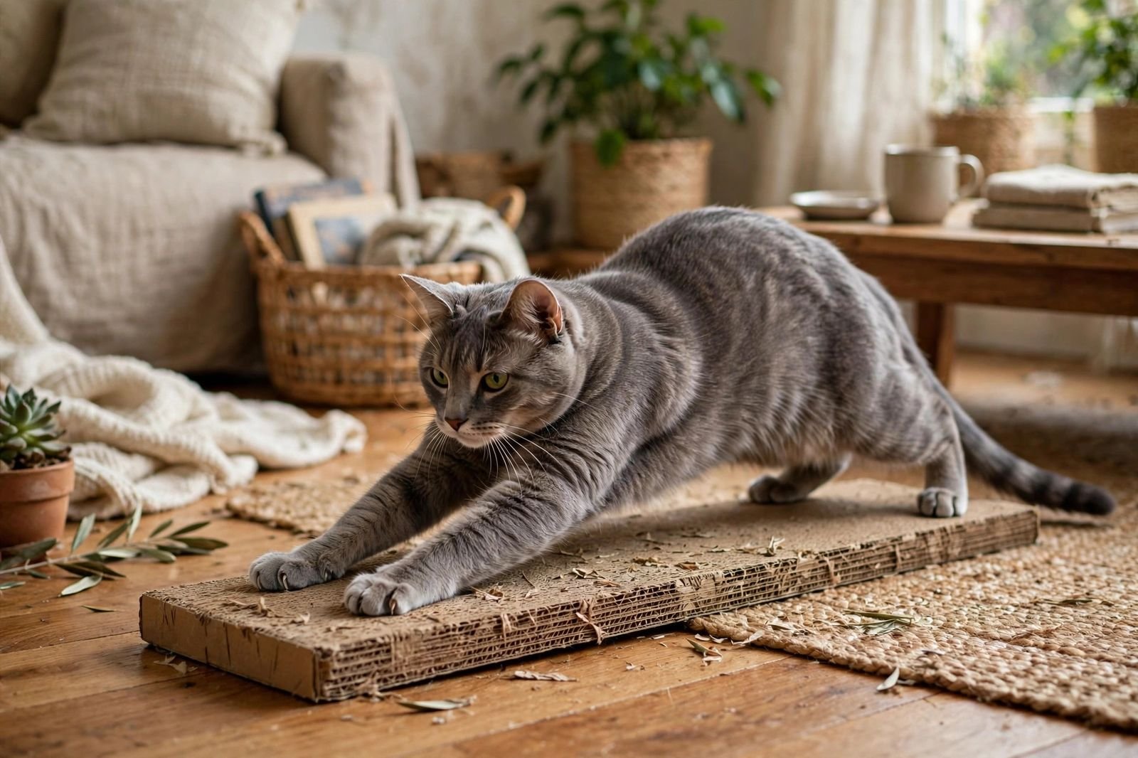 Gray cat stretching up against a horizontal cardboard scratcher on the floor of a cozy home interior.